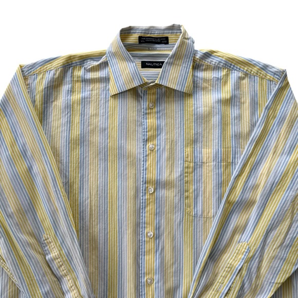 Vintage Nautica Button Down Shirt Blue Yellow Striped Oversized Preppy Cotton L - Picture 3 of 16